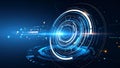 Abstract futuristic digital interface with glowing circles and data streams on blue background Royalty Free Stock Photo