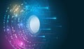 Abstract futuristic digital interface with glowing circular elements, data streams, and neon blue-purple accents, symbolizing Royalty Free Stock Photo