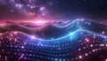 Abstract Futuristic Digital Landscape with Glowing Particles Forming Wavy Lines Under a Cosmic Sky, Representing Technology, Data Royalty Free Stock Photo