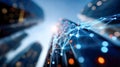 Abstract futuristic digital network connecting modern skyscrapers, symbolizing data flow, smart cities, and technology Royalty Free Stock Photo