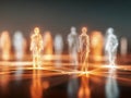 Abstract futuristic digital network representation with glowing interconnected human wireframe figures symbolizing communication Royalty Free Stock Photo