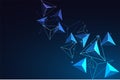 Abstract futuristic dynamic banner with glowing blue triangles and tetrahedra on blue background