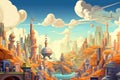 Abstract futuristic future city view, beautiful sunset. AI generative cartoon style illustration