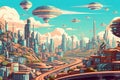 Abstract futuristic future city view, beautiful sunset. AI generative cartoon style illustration