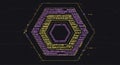 Abstract futuristic hexagon pattern with interconnected lines and colorful dots on black background for technology design concepts Royalty Free Stock Photo