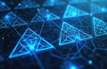 Abstract futuristic illustration features interconnected blue triangle shapes with glowing lines. Digital design elements, Royalty Free Stock Photo