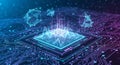 Futuristic AI Processor with Glowing Data Waves on Circuit Board Royalty Free Stock Photo