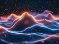 Abstract futuristic landscape with glowing blue and orange particle waves, representing data flow and technology Royalty Free Stock Photo