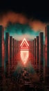 Abstract futuristic neon path to triangle gateway, tech and cyberspace concept Royalty Free Stock Photo