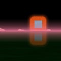 Abstract futuristic orange shape, pink shiny horizon, green water and starry black sky