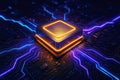 Abstract Futuristic Processor with Neon Orange and Purple Circuitry artificial intelligence chip Royalty Free Stock Photo