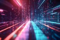 Abstract futuristic rendering of a high-speed digital data stream, composed of glowing neon