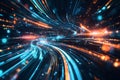 Abstract futuristic rendering of a high-speed digital data stream, composed of glowing neon