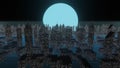 Abstract Futuristic Sci-Fi Glowing city Landscap with moon night sky background 3D Rendering