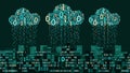 Abstract futuristic smart city with the artificial intelligence, connected to cloud storage, binary rain - data stream