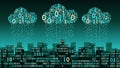 Abstract futuristic smart city with artificial intelligence and internet of things, connected cloud storage, binary rain big data Royalty Free Stock Photo