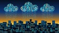 Abstract futuristic smart city with the artificial intelligence connected to cloud storage, binary rain data stream, big data Royalty Free Stock Photo