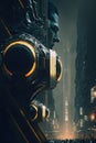 Abstract futuristic space cyborg, AI, robotic android on a desolate planet. Technological landscape in city with machines Royalty Free Stock Photo