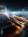 Abstract, futuristic tech backdrop featuring glowing lines and grid. Represents data flow, innovation, connectivity, or speed. Royalty Free Stock Photo