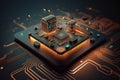 Abstract futuristic technological background, floating circuits, charts, digits elements. Nano chip circuit, modern micro Royalty Free Stock Photo