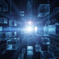 Futuristic Blockchain Data Network with Glowing Digital Cubes in Cyberspace Royalty Free Stock Photo