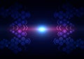 Abstract futuristic technology background with glowing blue hexagon grid pattern, floating data particles, and light effects on Royalty Free Stock Photo