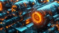 Abstract Futuristic Technology Orange Blue Digital Engine Machine Background 3D Power Energy System Design