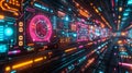 Abstract futuristic tunnel with glowing neon lights and digital interfaces. Sci-fi, technology, digital, cyberpunk, interface
