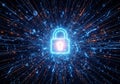 Glowing digital padlock securing sensitive data within a complex network matrix Royalty Free Stock Photo