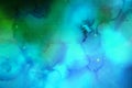 Abstract galaxy background with stars and planets in blue and green motifs turquoise night light universe Royalty Free Stock Photo