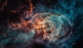 Abstract galaxy landscape with exploding supernova and orbiting satellite generated by AI