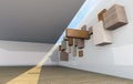 Abstract gallery interior with empty wood shelfs