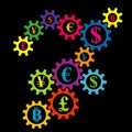 Abstract gearing with currency coins colorful background