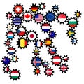 Abstract gearing with different world flags