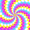 Abstract geometic background, festive pattern with different shapes in spiral. Bright and vivid colors of 80s, 90s neon style.