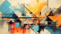Abstract geometric artwork with intersecting black lines and colorful shapes
