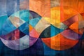 Abstract geometric artwork with overlapping circles and a vibrant patchwork of colors