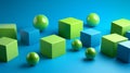 Abstract geometric background, blue green cubes with copy space. 3D rendering of cubic composition with minimal copy space for Royalty Free Stock Photo
