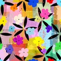 Abstract geometric background composition, with paint strokes, splashes and small flowers, seamless pattern Royalty Free Stock Photo