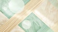 Abstract geometric background featuring green marble and light wood texture with overlaying translucent circles Royalty Free Stock Photo