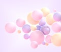 Abstract geometric background with frosted spheres in pastel colors 3d render. Flying pink purple yellow matte balls or