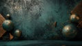 Abstract geometric background with large 3d shapes, dark green or emerald color backdrop with metal textured balls and