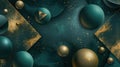 Abstract geometric background with large 3d shapes, dark green or emerald color backdrop with metal textured balls and