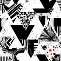 Abstract geometric background pattern, with triangles, paint strokes and splashes, seamless, black and white Royalty Free Stock Photo