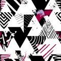 Abstract geometric background pattern, with triangles, paint strokes and splashes, seamless, black and white Royalty Free Stock Photo