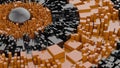 Abstract geometric background with square extrude and black sphere. Orange and black materials. Science fiction concept. 3D render