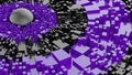 Abstract geometric background with square extrude and black sphere. Violet and black materials. Science fiction concept. 3D render