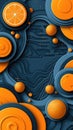 Abstract geometric banner with orange slices on blue background, 3 d vertical illustration