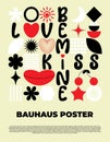 Abstract geometric bauhaus poster. Heart, love, lips, cherry, text and other primitive forms, shapes. Modern flat style