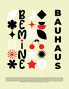 Abstract geometric bauhaus poster. Heart, love, lips, cherry, text and other primitive forms, shapes. Modern flat style